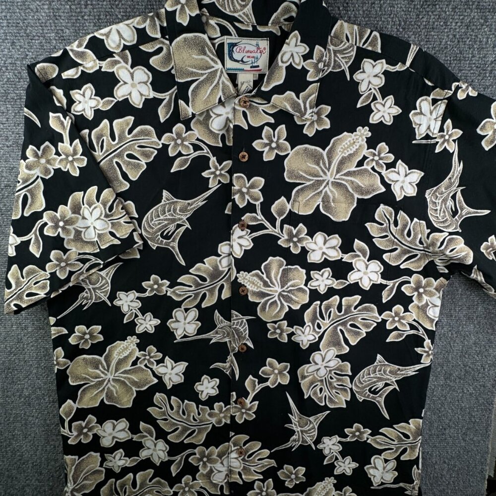 Bluewater Wear Hawaiian Shirt Large Swordfish Floral Short Sleeve Black Beige